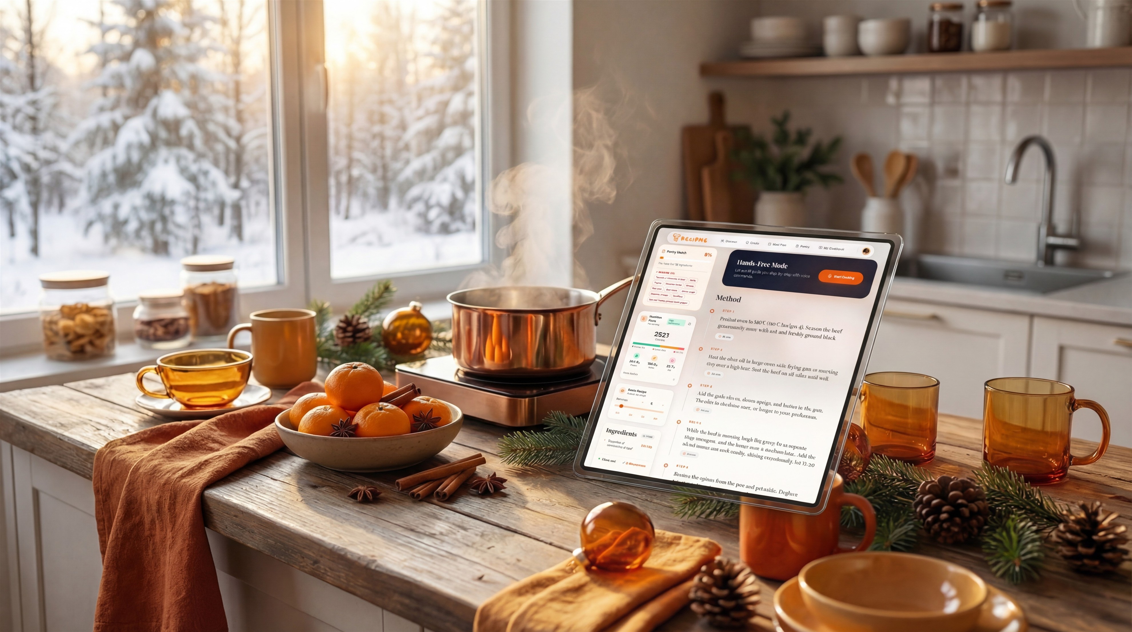Cozy kitchen with tablet showing RecipMe app